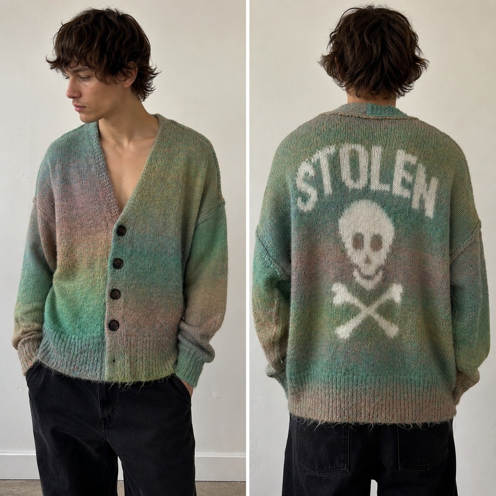 Stolen Girlfriends Club Mens Cardigan Medium Green Mohair Blend Skull Grunge